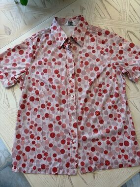 Vintage Sears Red & Pale Pink Polka Dot Button-Up Shirt / Mod / Geometric